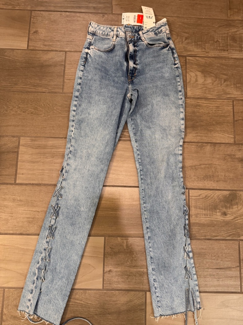 Zara High-Rise Light Blue Lace-Up Side Jeans for Women